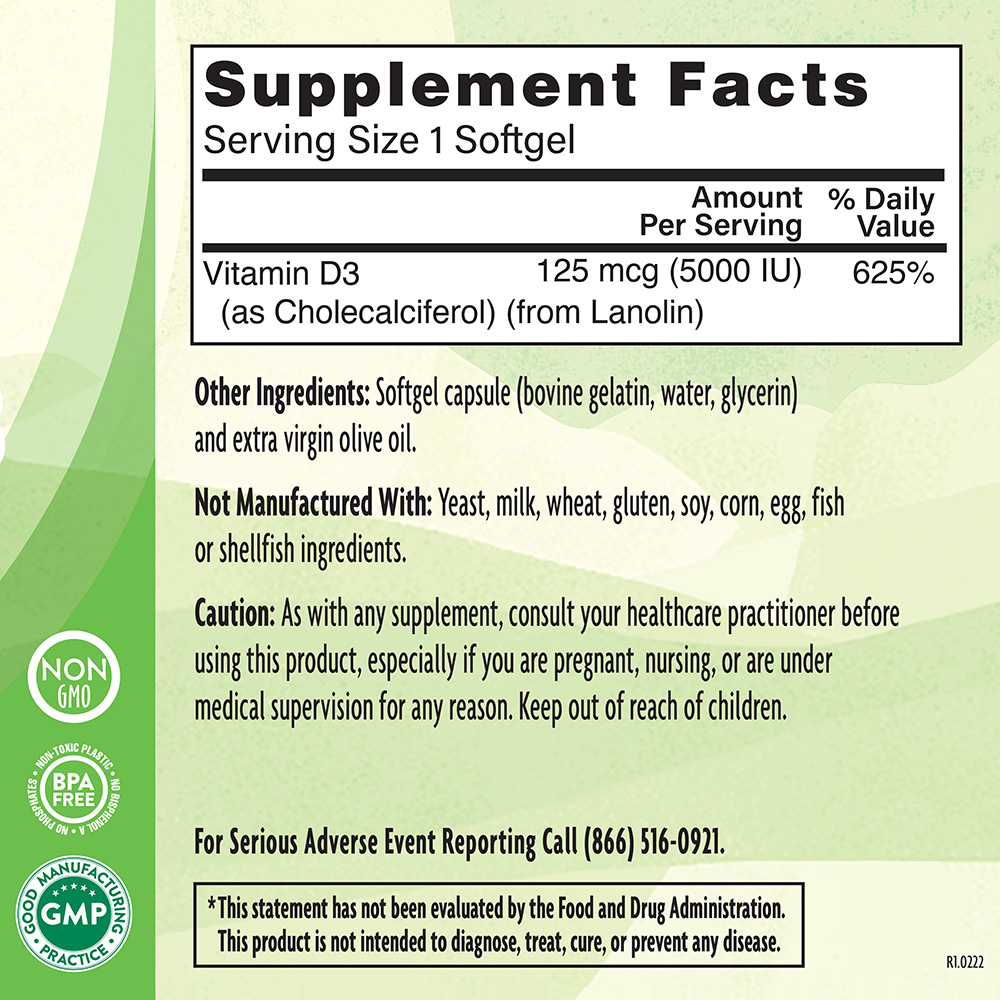 Natural Grocers Brand Vitamin D3 1000 IU 365 Softgels - Supplement Facts