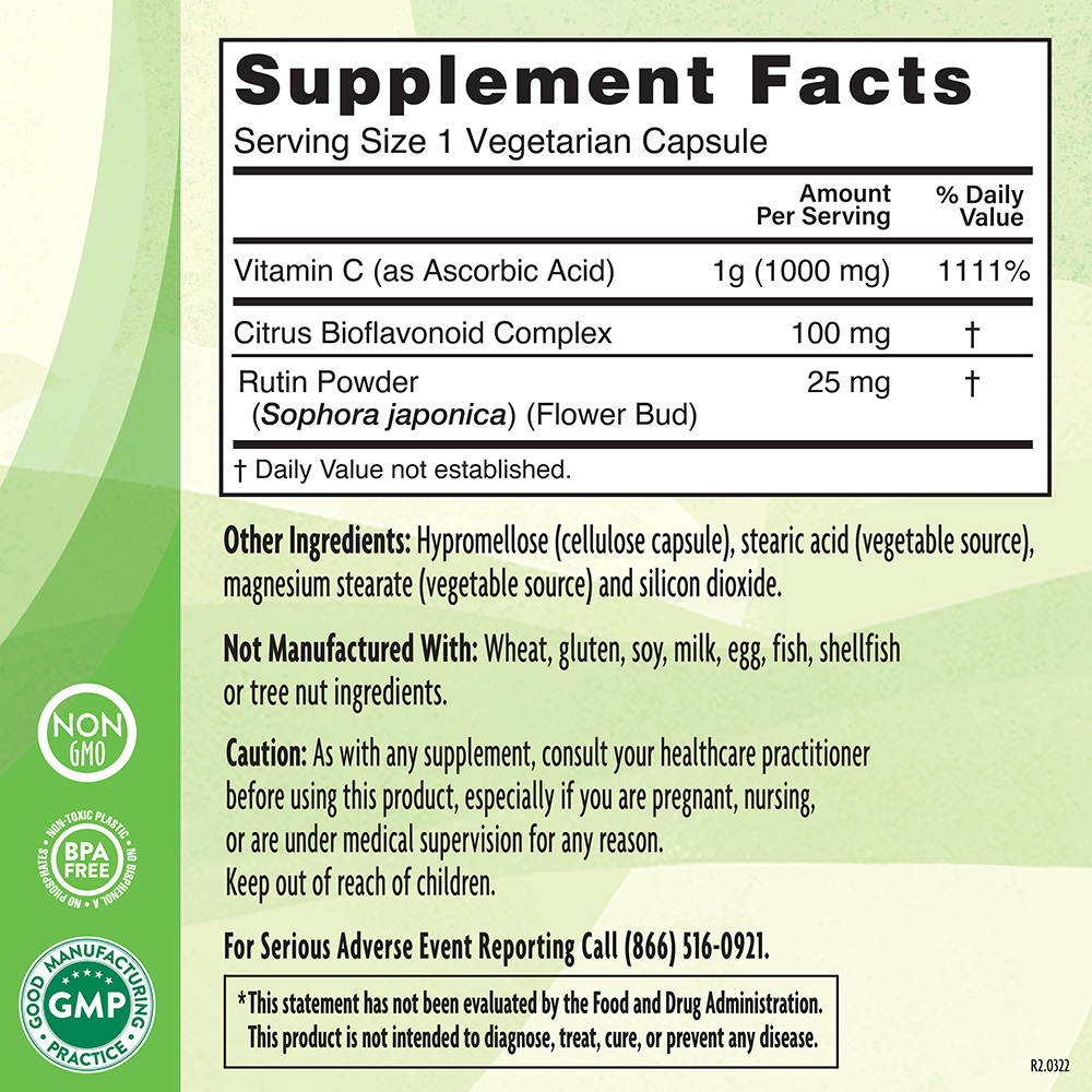 Natural Grocers Brand C 1000 with 100 MG of Bioflavonoids 365 Vegetarian Capsules - Supplement Facts