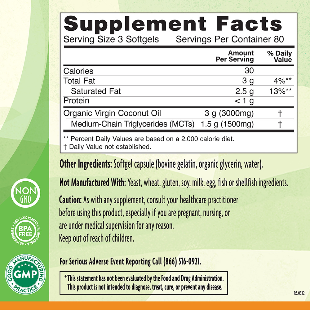 Natural Grocers Brand Coconut Oil 1000 mg 240 Softgels - Supplement Facts