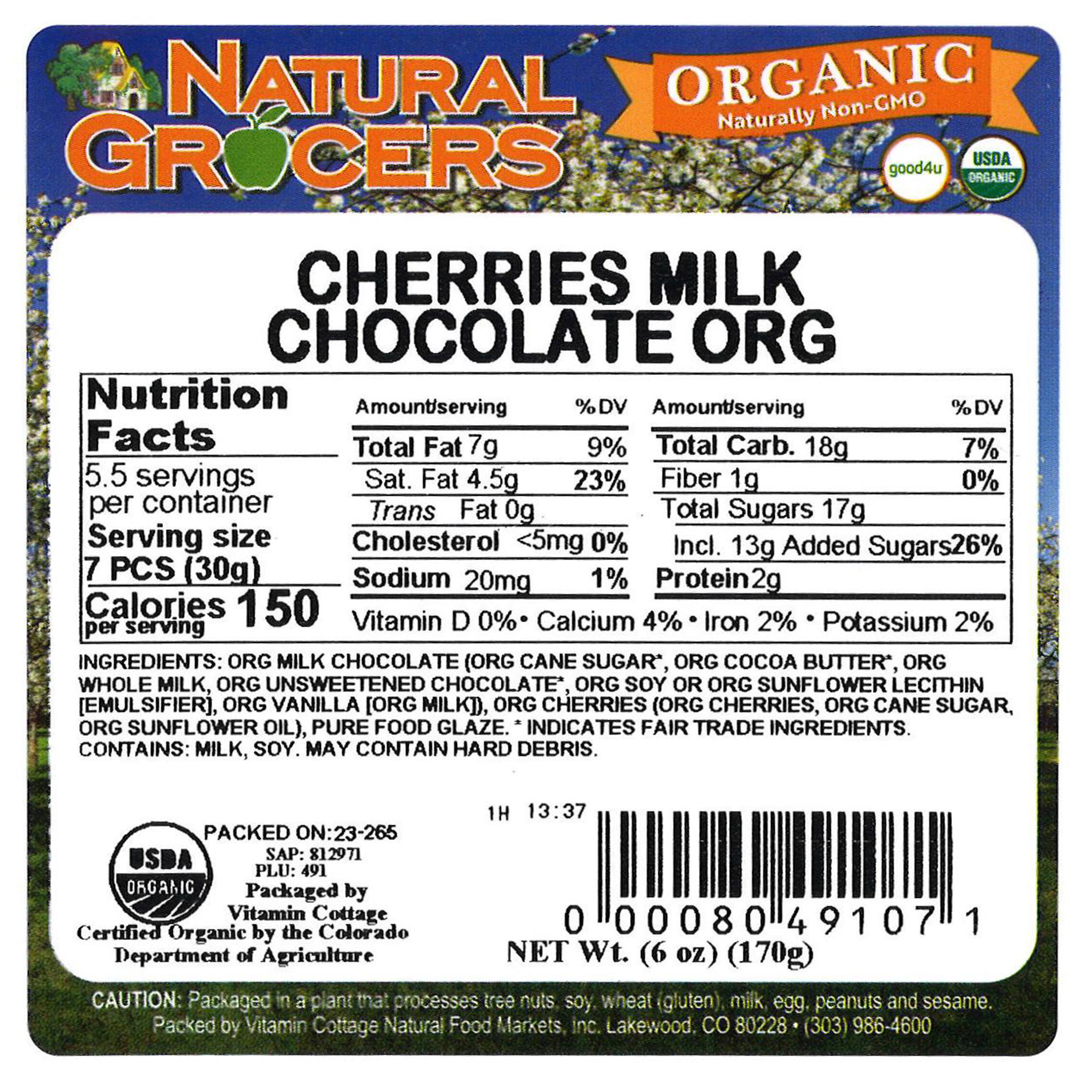 Cherries Milk Chocolate Org 6 Oz