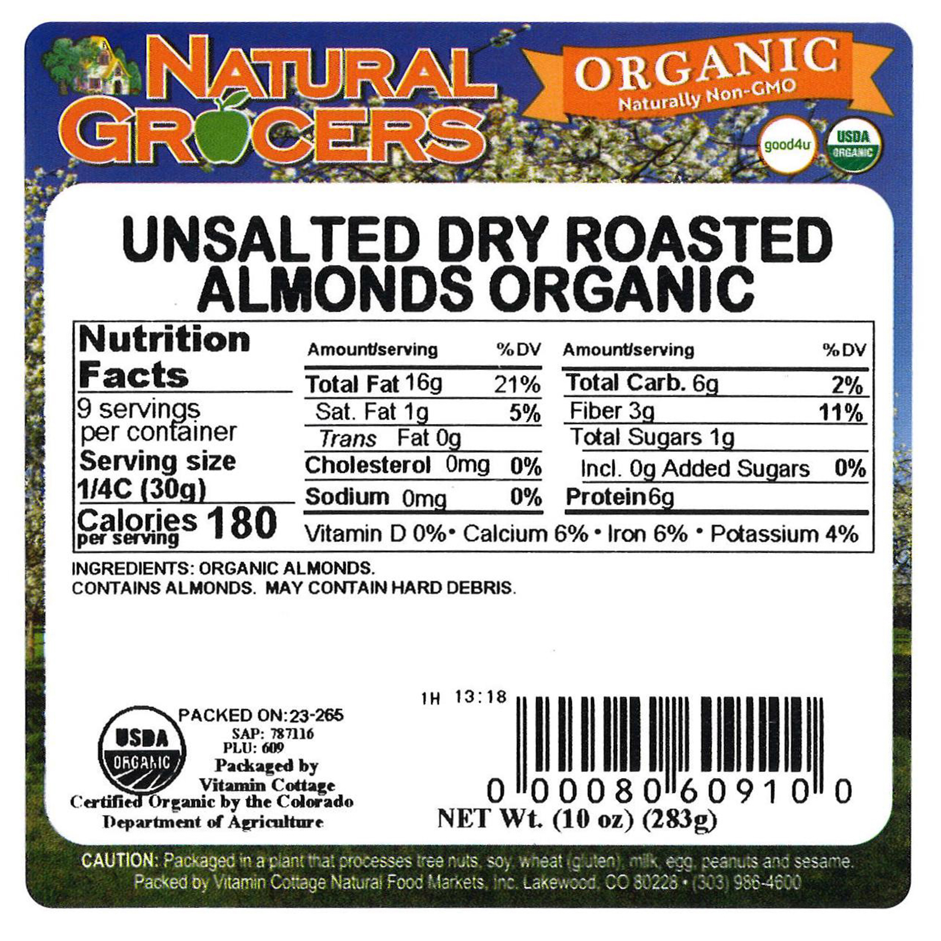 Almonds Dry Roast Unsaltd Org 10 Oz