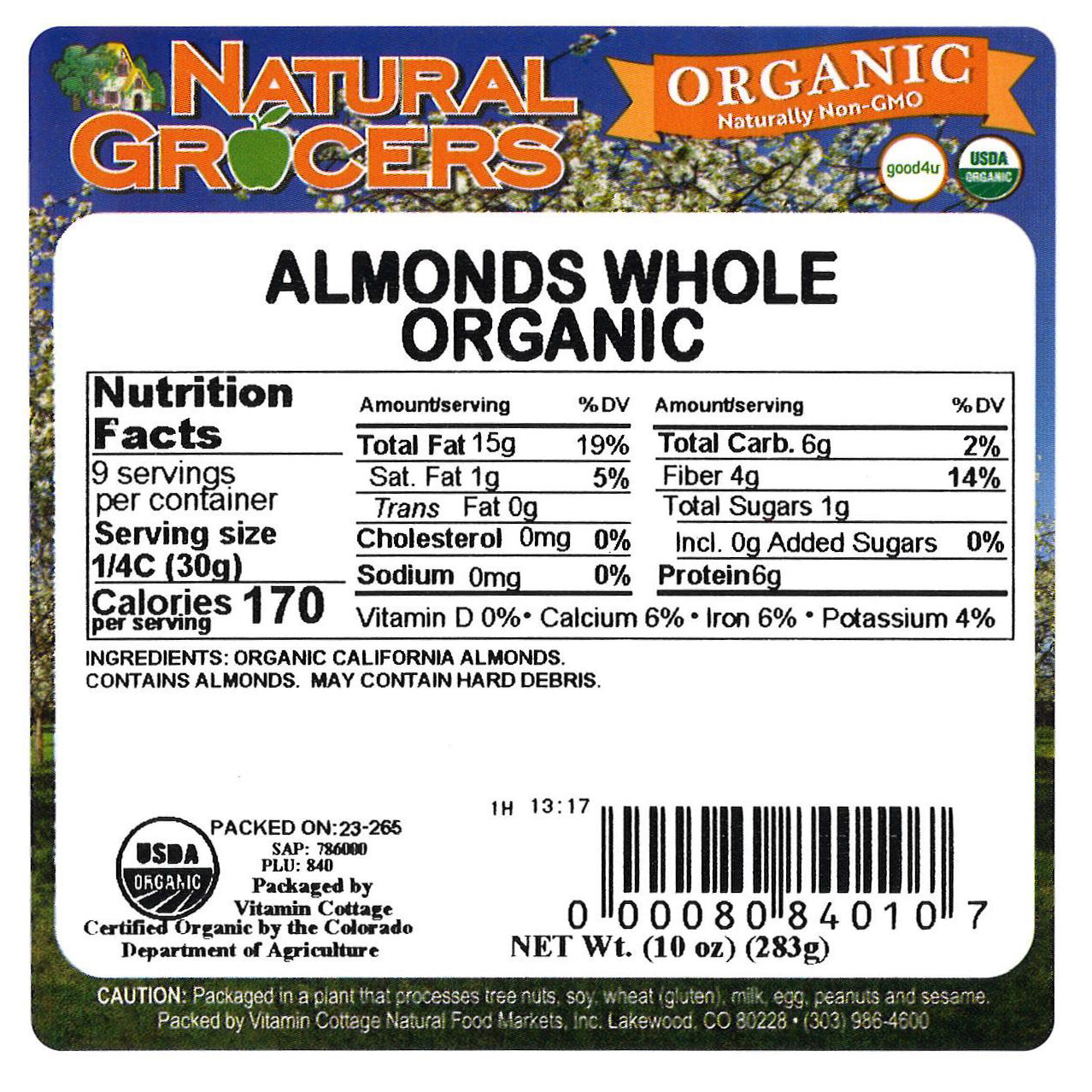 Almonds Whole Org 10 Oz