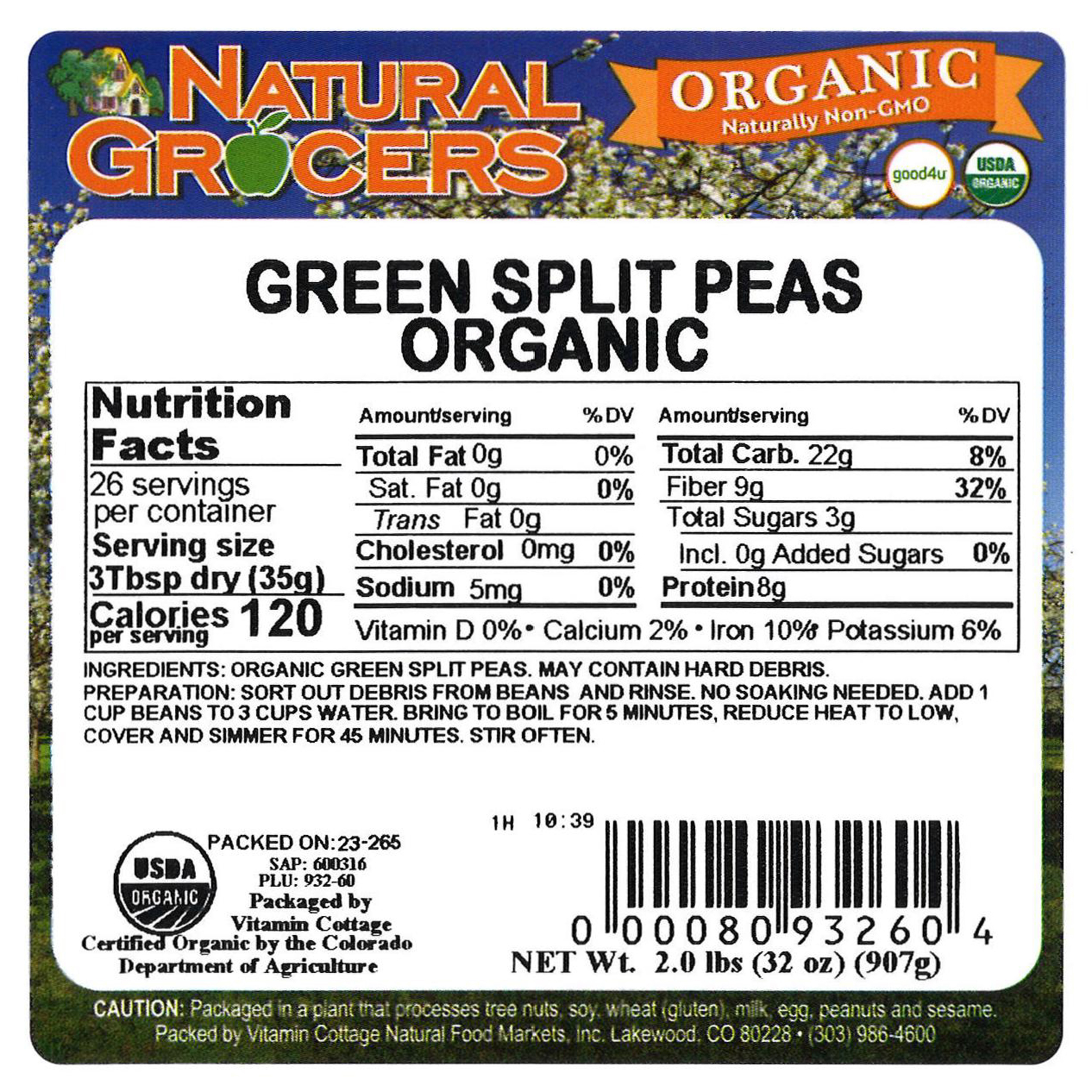 Peas Split Green Org 2 Lb