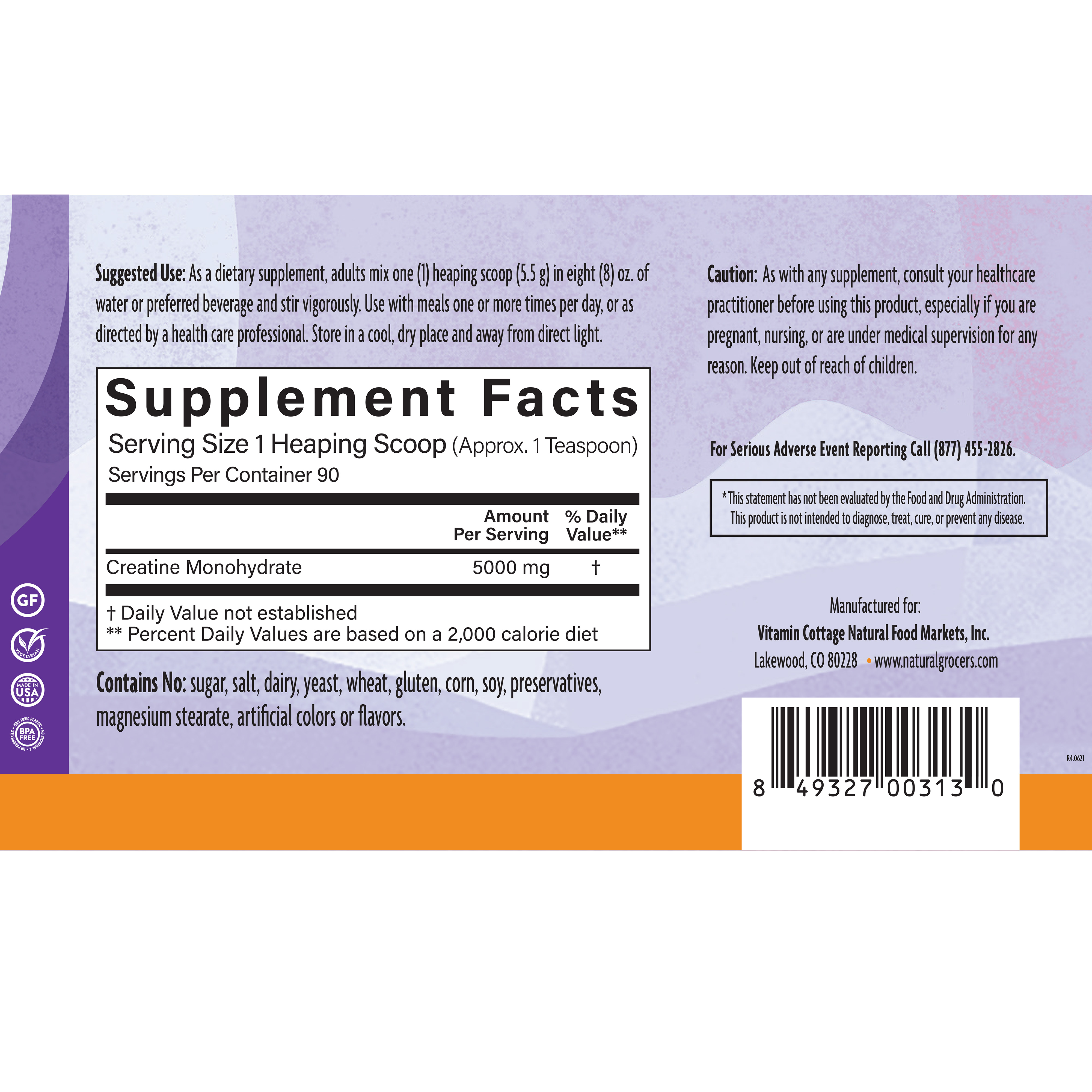 Creatine Powder 5000 Mg 16 Oz Supplement Facts