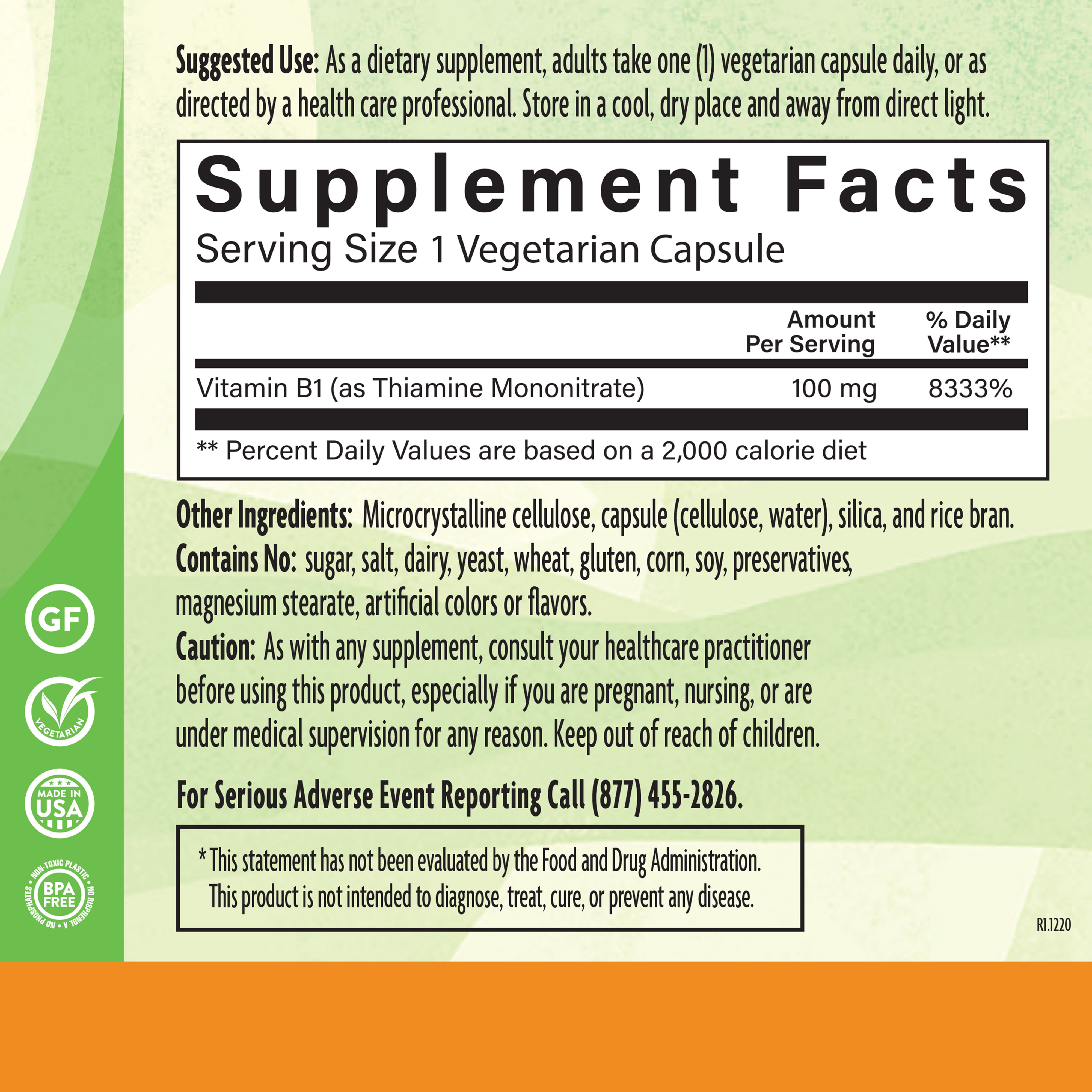 B1 100 Mg 90 Veg Supplement Facts