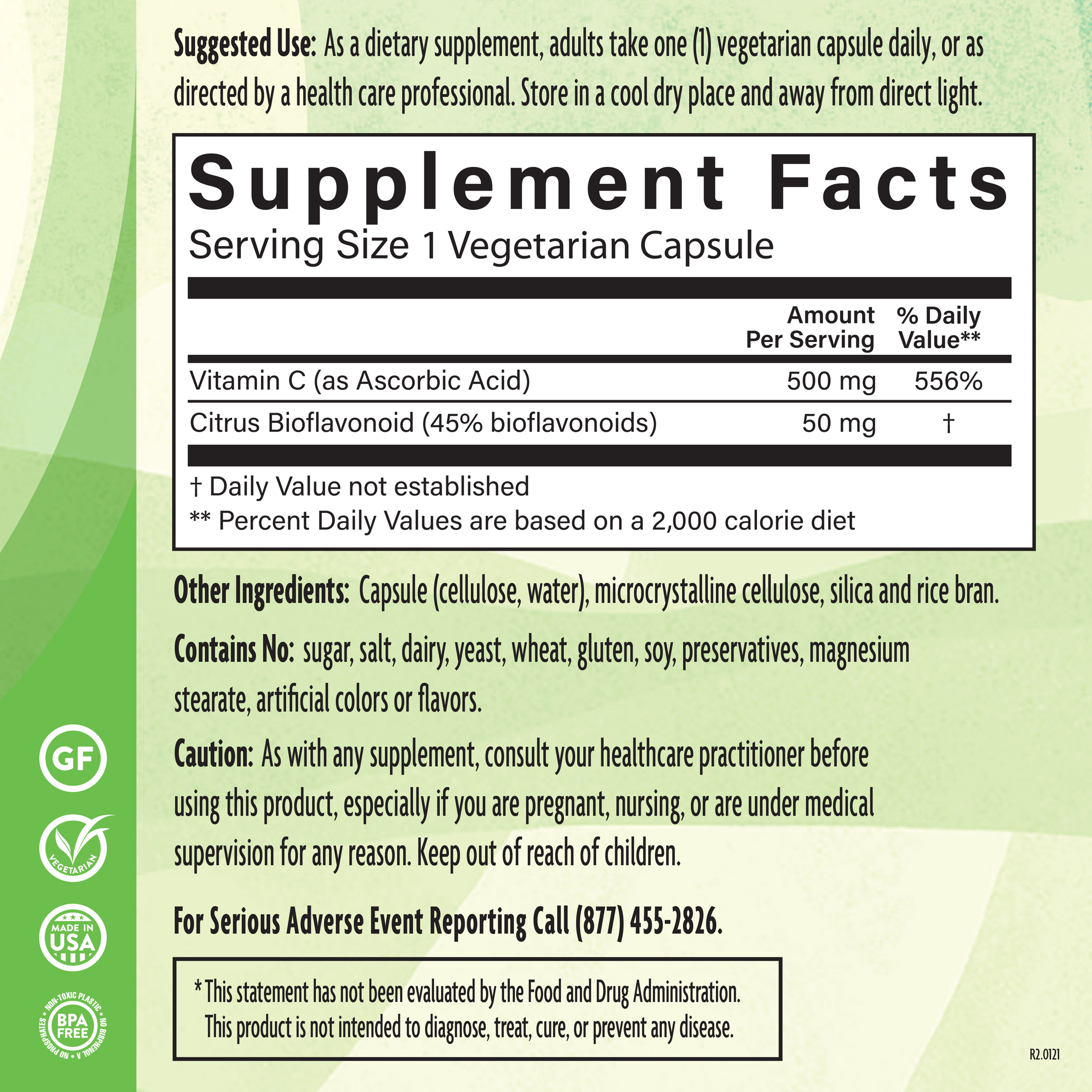 C 500 Mg W/ Bioflavonoid 180 Veg Supplement Facts