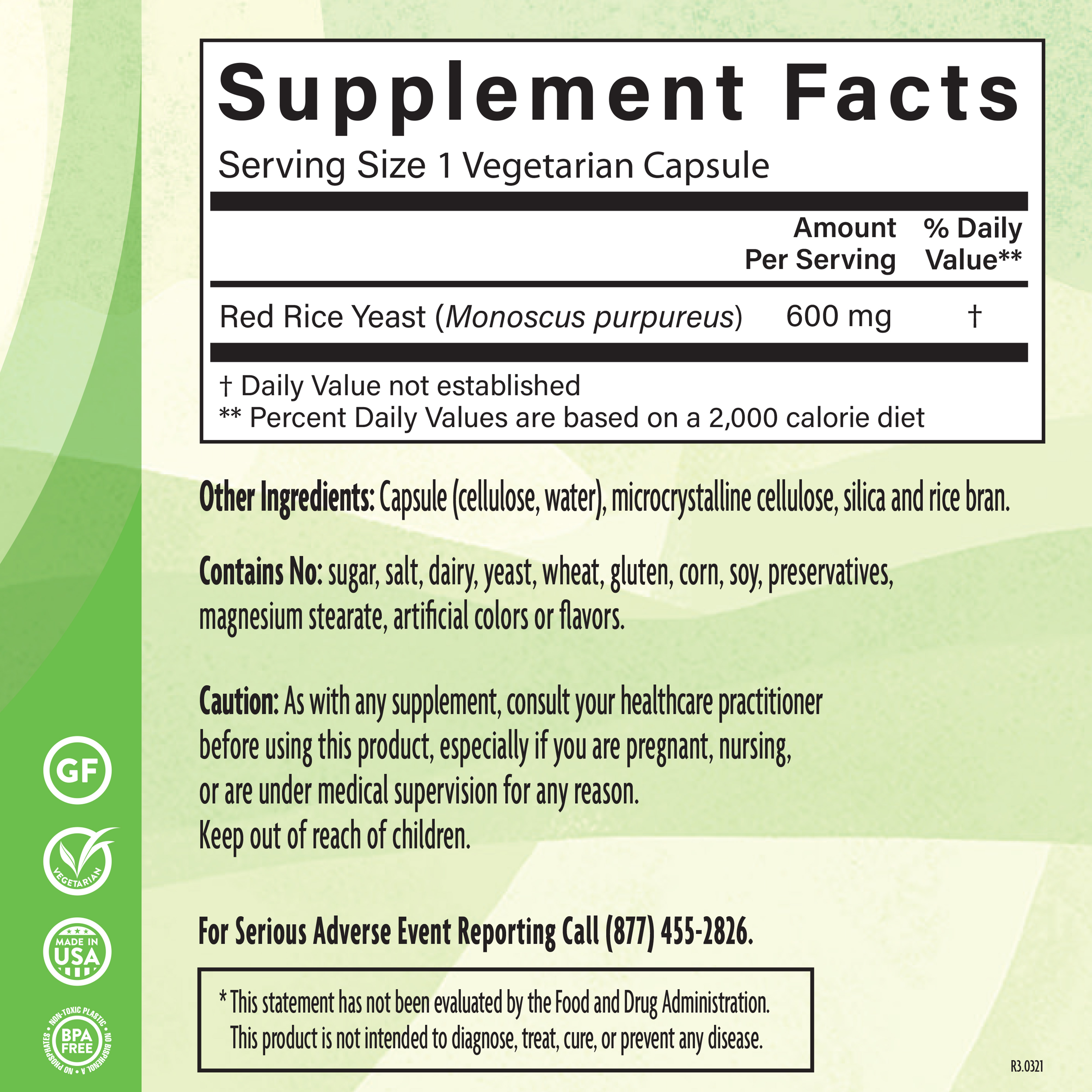 Red Yeast Rice 600 Mg 90 Veg Supplement Facts