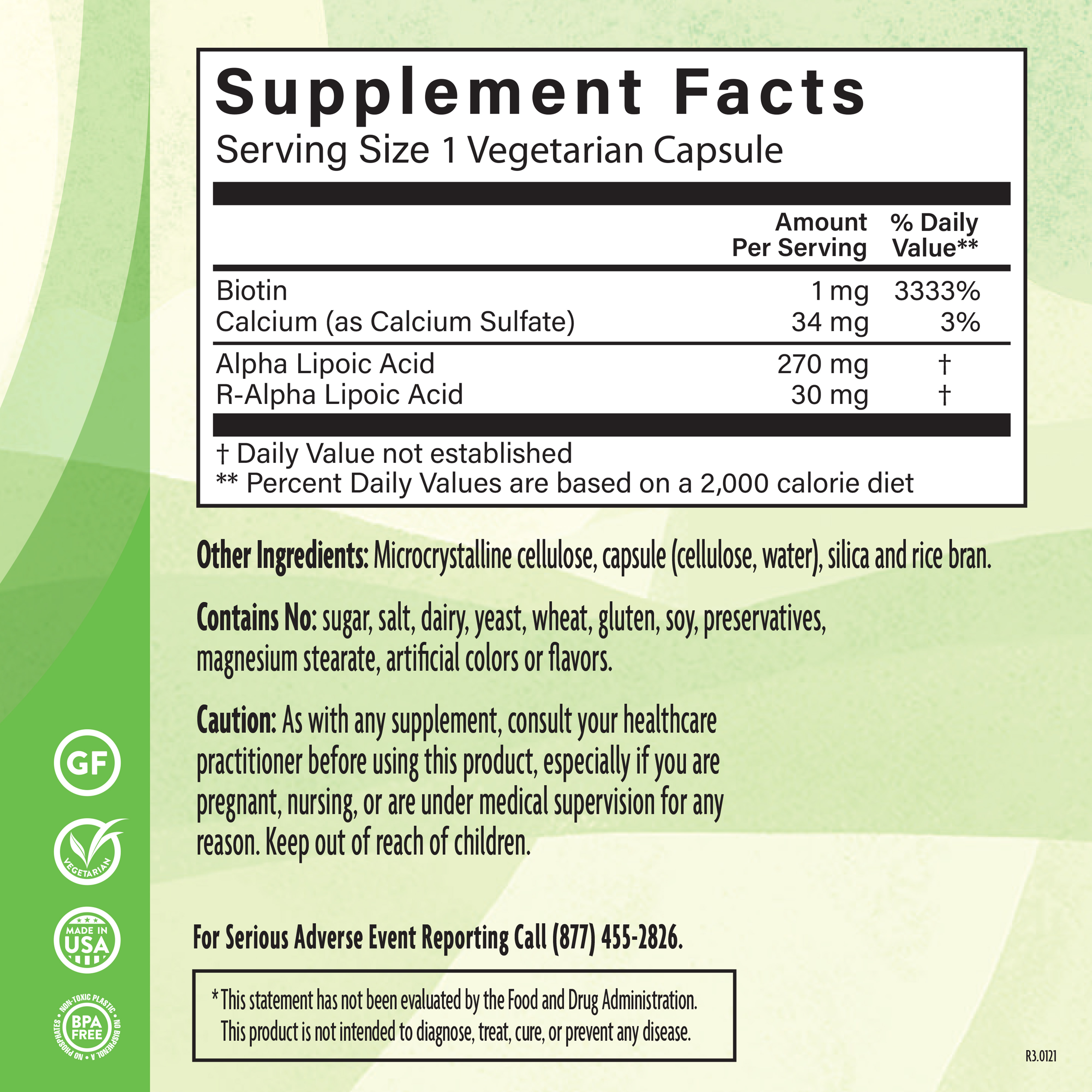 Alpha Lipoic Acid 270 Mg 90 Veg Supplement Facts