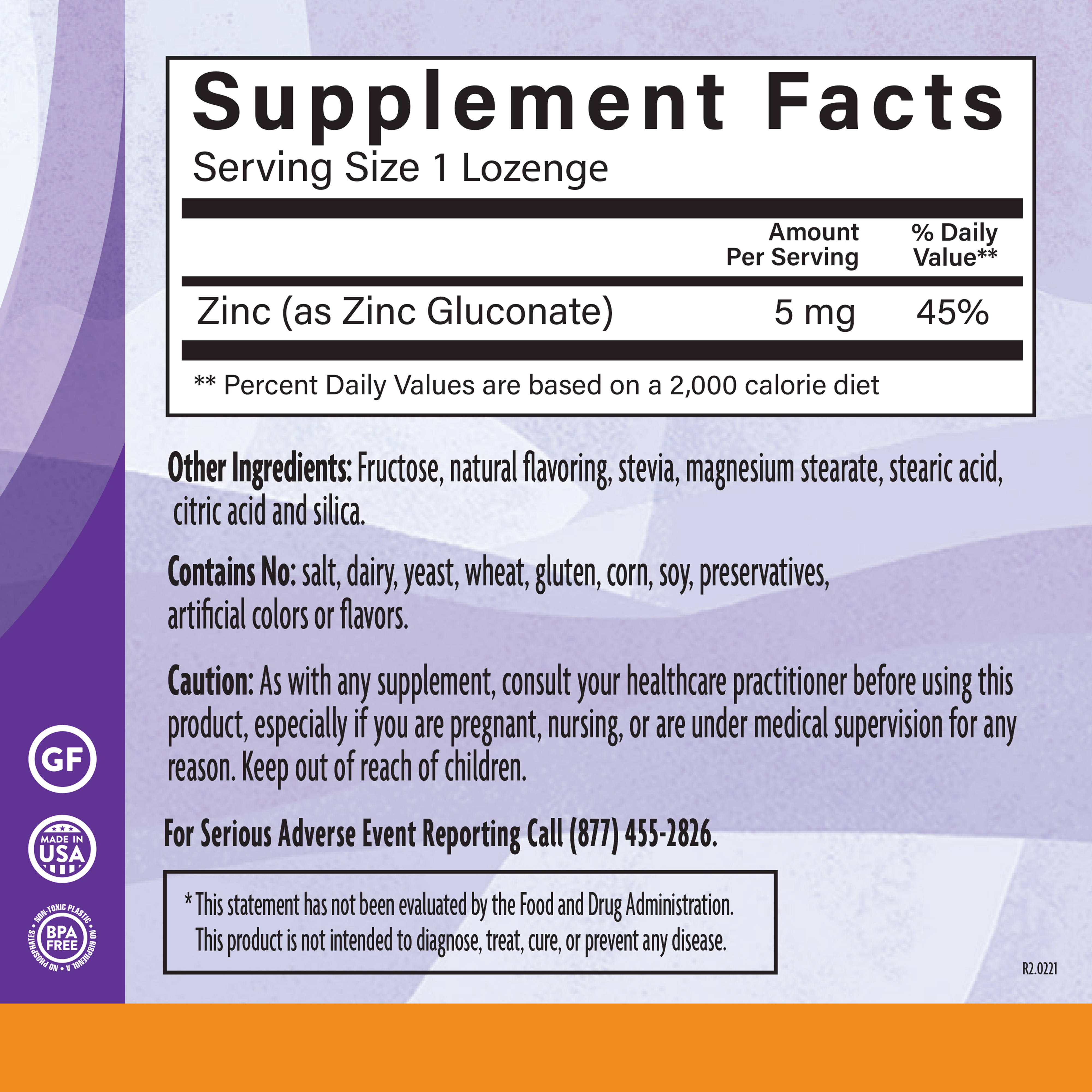 Zinc Lozenge 5 Mg Oran Chai 90 Loz Supplement Facts