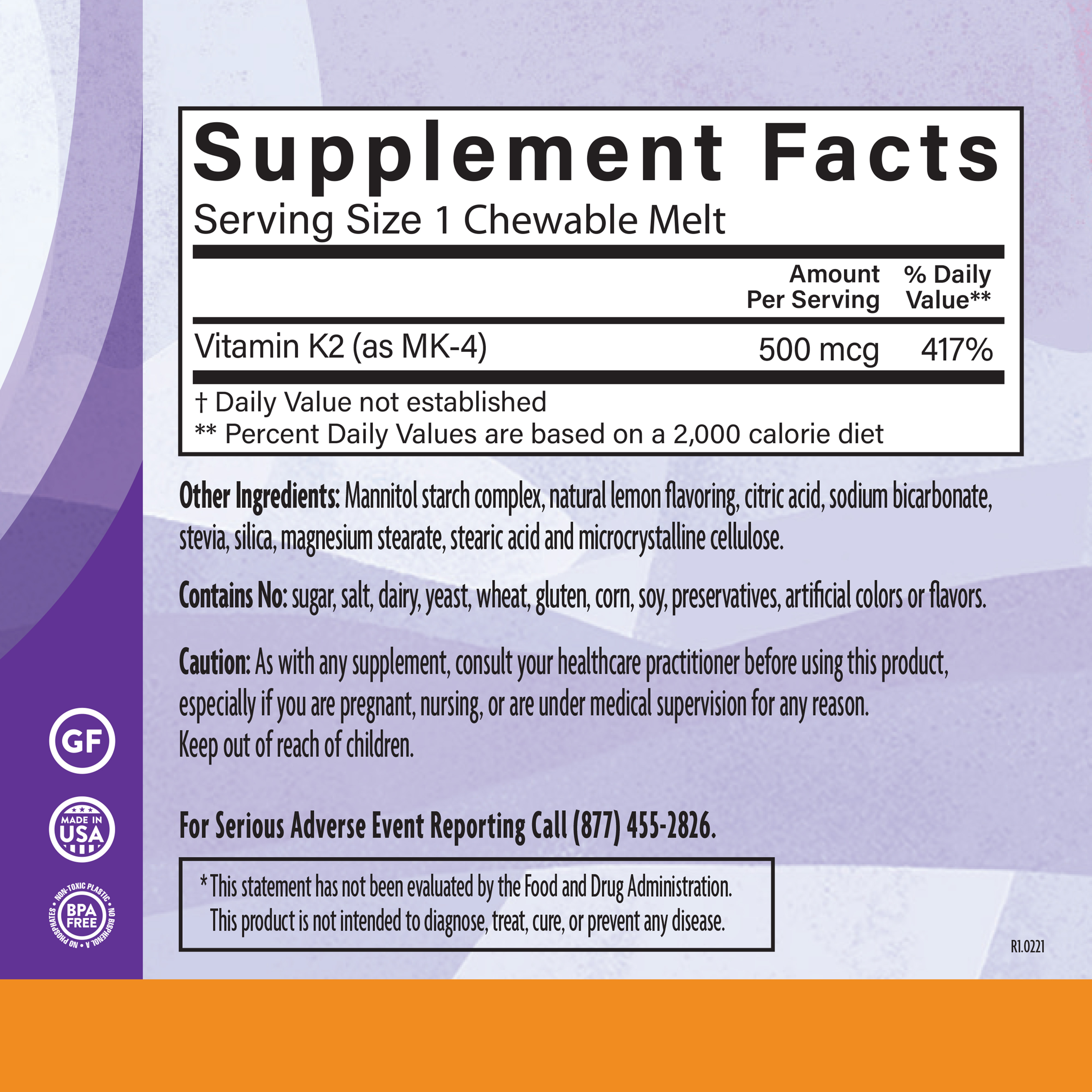 K2 Lemon 500 Mcg 90 Chw Supplement Facts