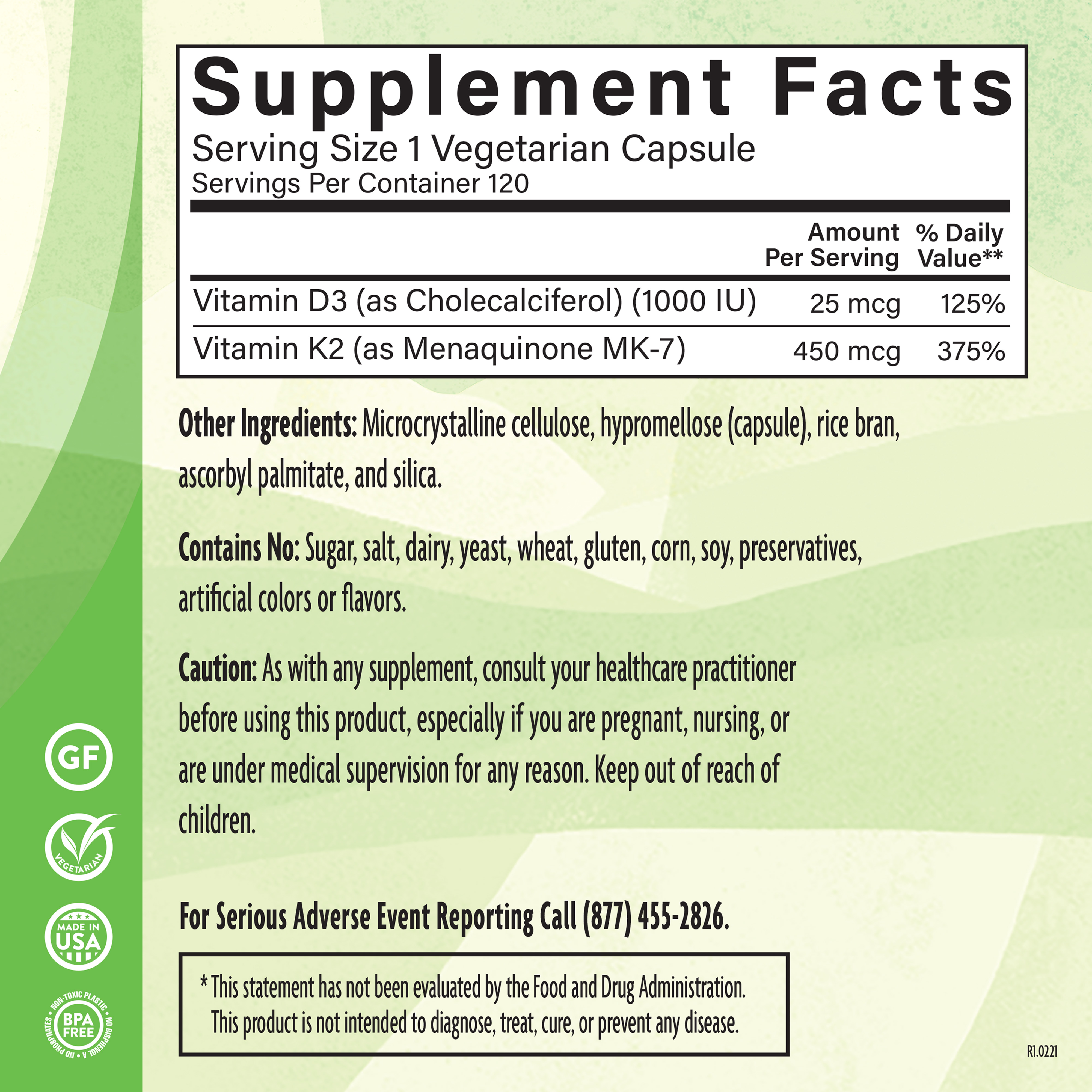 D3 1000 Iu K2 Mk7 450mcg 120 Veg Supplement Facts