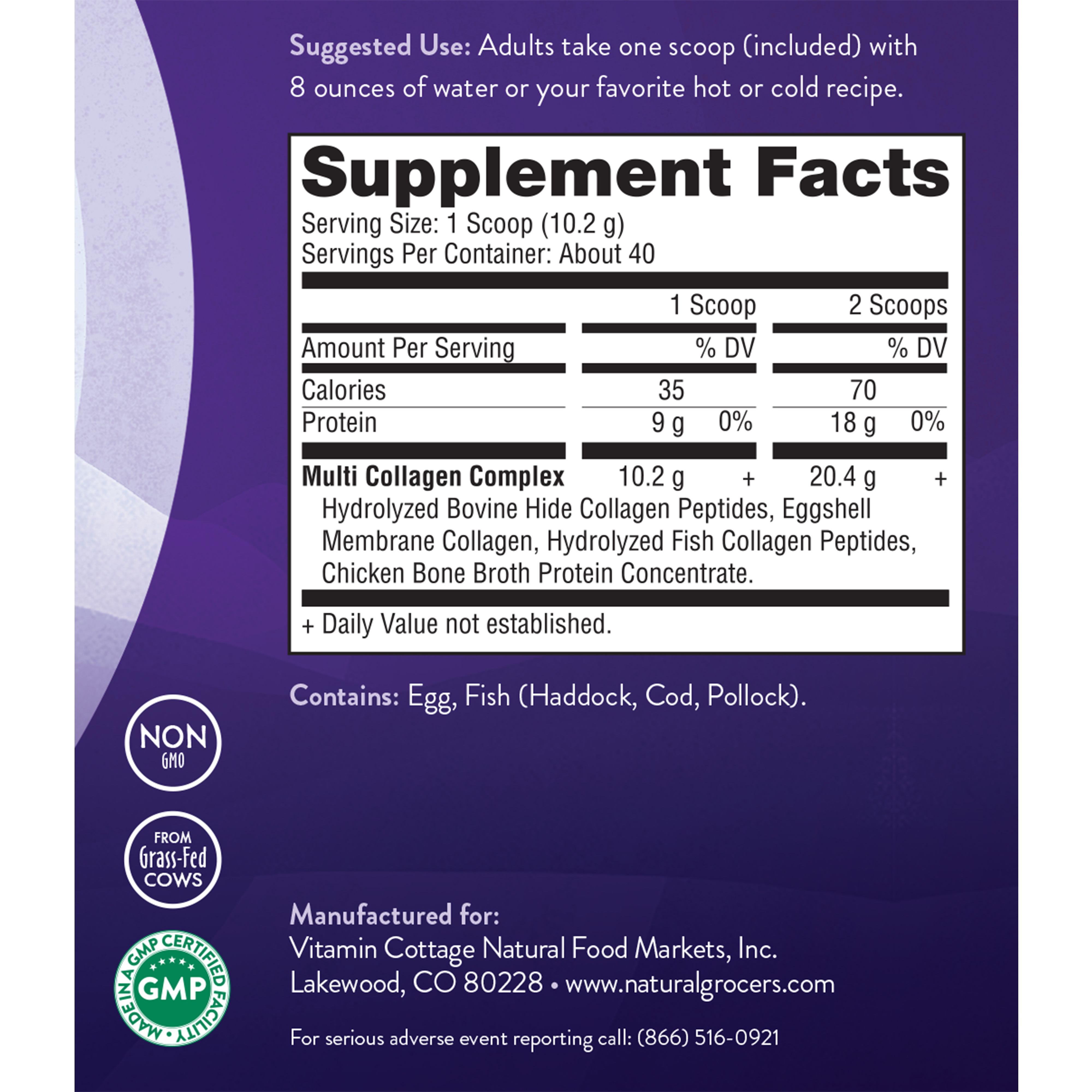 Natural Grocers Brand Multi Collagen Protein - Pure, 16 oz - Supplement Facts
