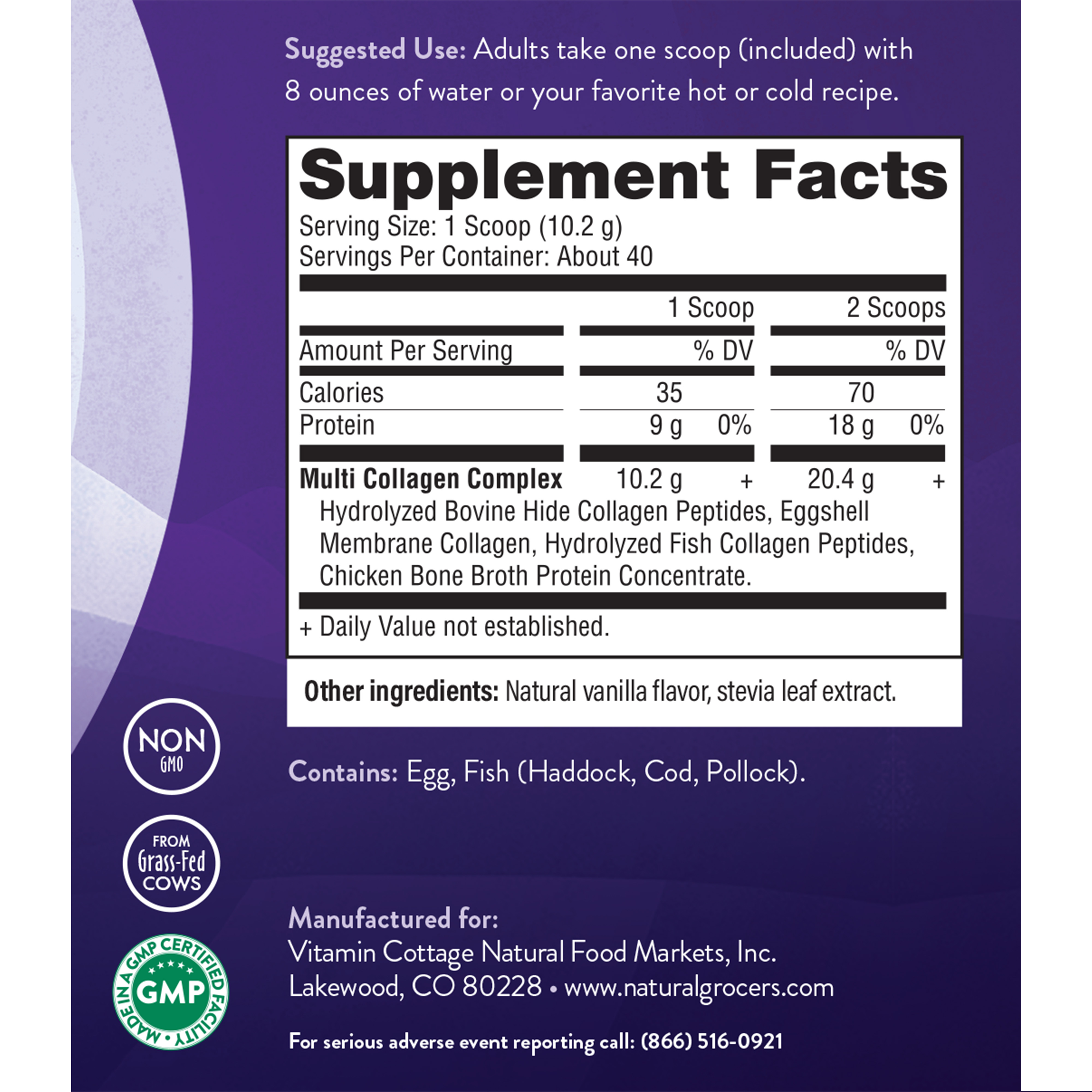 Natural Grocers Brand Multi Collagen Protein - Vanilla, 16 oz - Supplement Facts