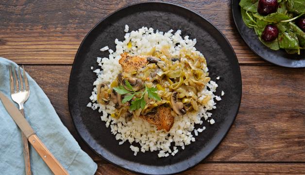 Natural Grocers Chicken with Leek and Mushroom Sauce Served Over Cauliflower Rice with a Simple Greens and Beet Salad