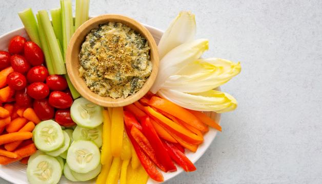 Vegan Spinach Artichoke Dip Served with an Organic Crudité Platter