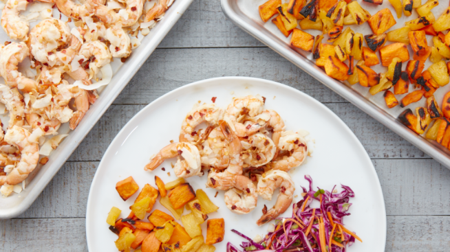 Coconut Lime Shrimp with Roasted Sweet Potatoes and Asian Slaw