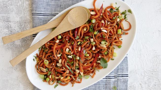 Vegan Sticky Peanut Carrot Spirals