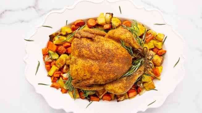 Curry-Spiced Roast Chicken Served with Potatoes, Carrots, and Onion