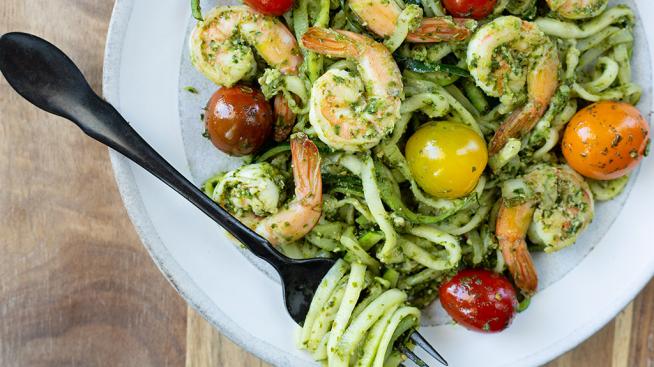 Natural Grocers Zoodles With Lemon Parsley Pesto, Tomatoes, And Shrimp